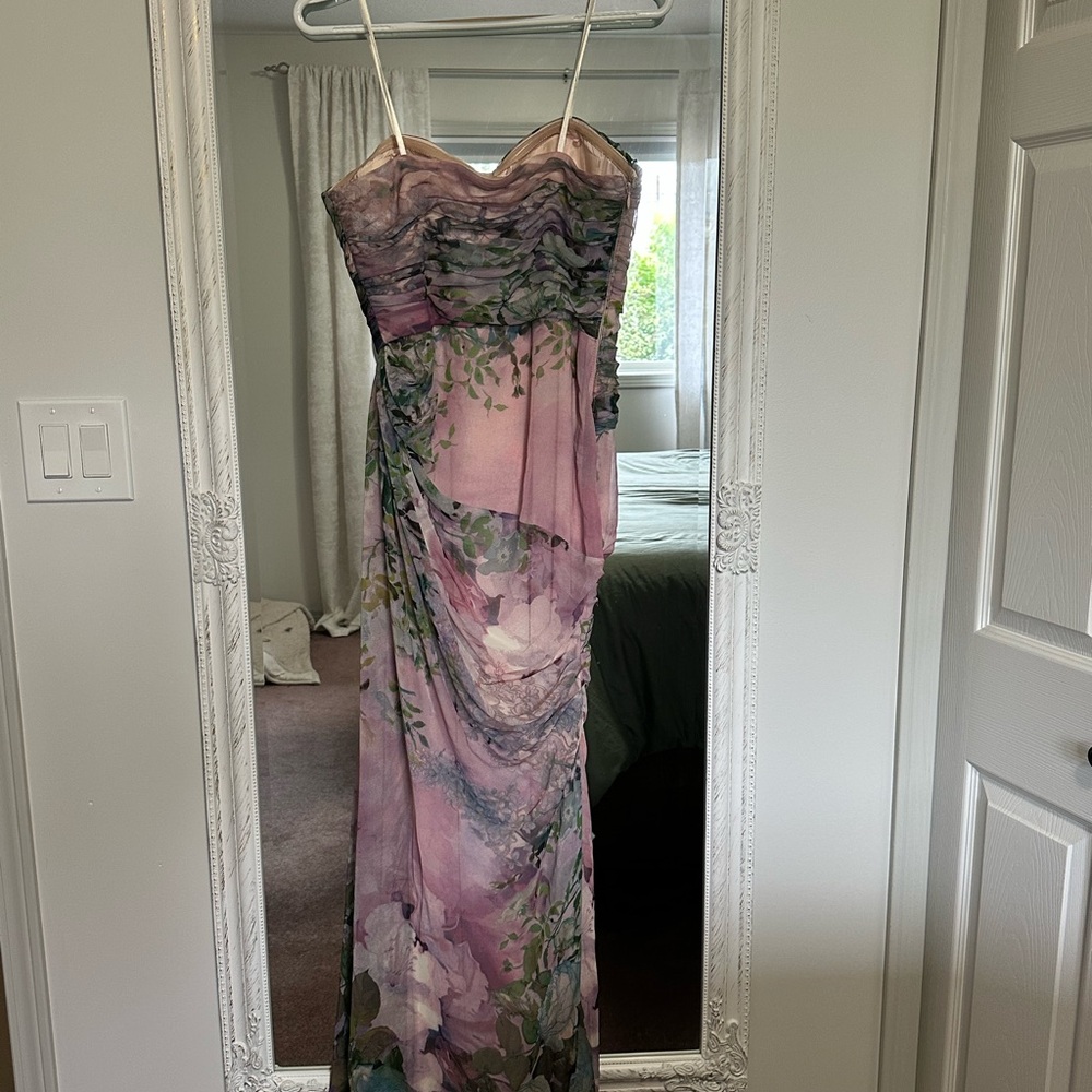 Adrianna Papell Strapless Pink Floral Chiffon Gown - Picture 4 of 6